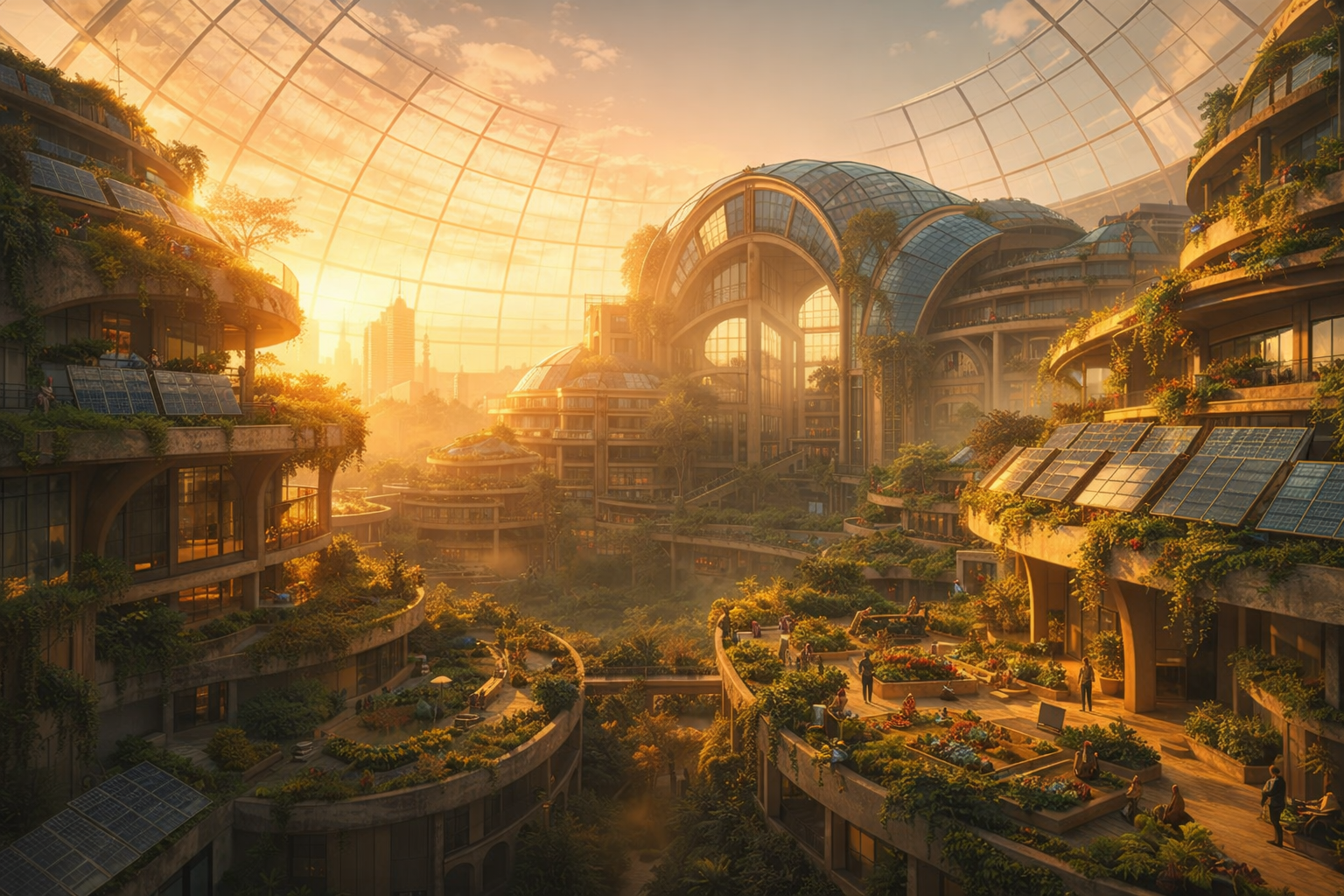 Solarpunk cityscape with organic architecture, lush green vegetation, solar panels, and golden sunlight streaming through glass domes